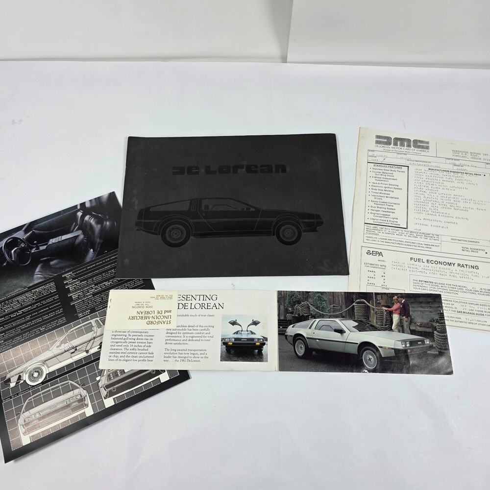 Vintage DeLorean DMC Brochure Literature Lot EPA Sheet Specs Dealer Promo 1981